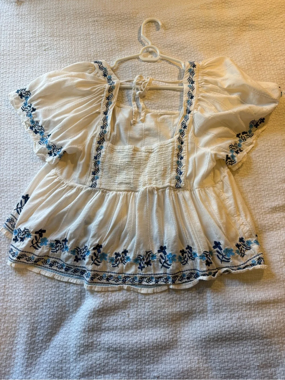 Old Navy Cream Peasant Top with Blue Floral Embroidery